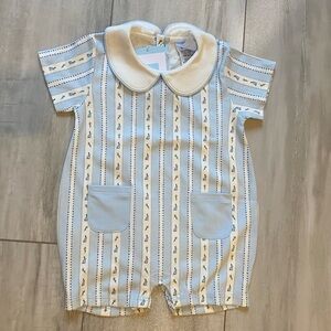 NWT Bella Bliss Light Blue Finn Bunny Print Pima Romper, size 12 months